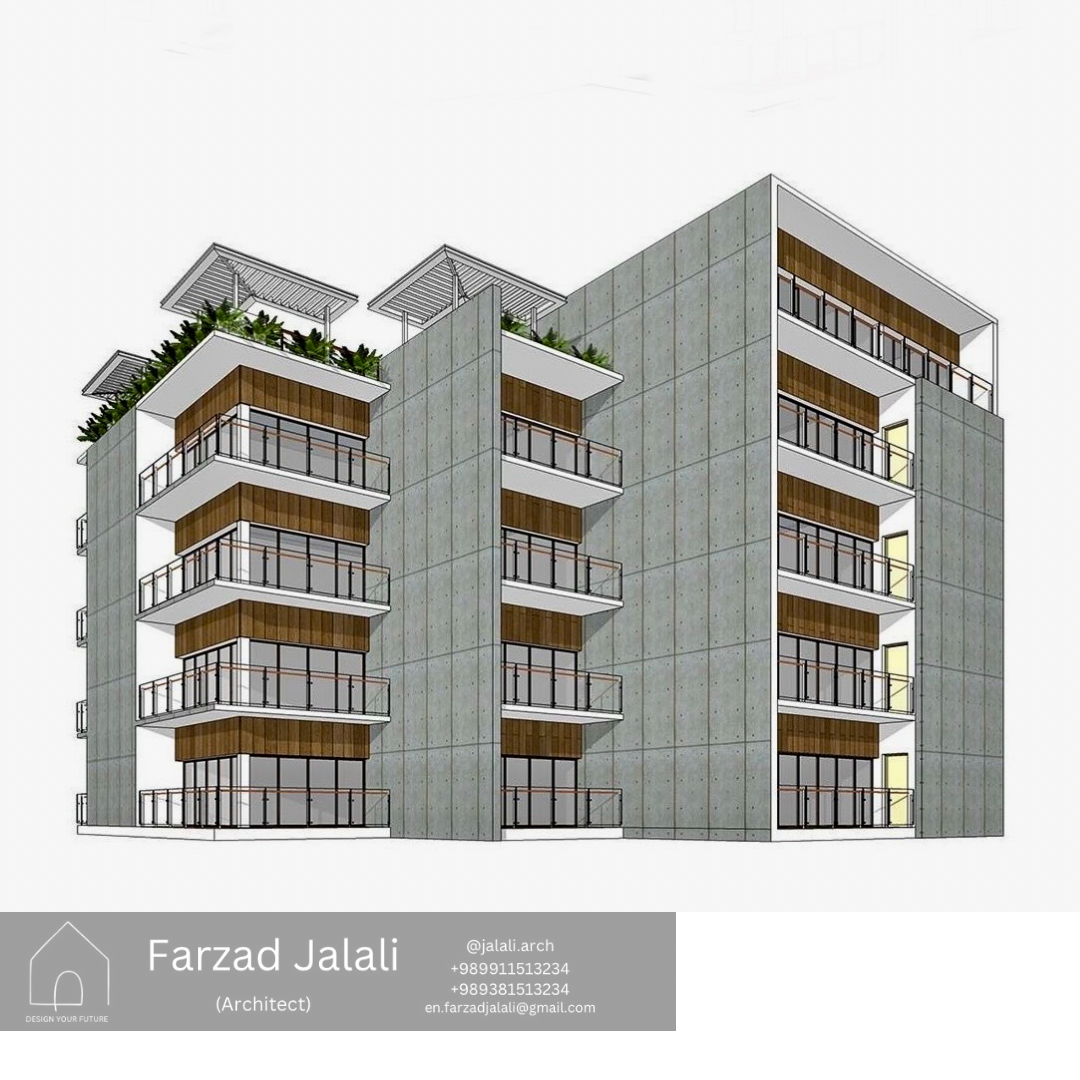 طراحی اولیه نما مجتمع مسکونی ۹ واحدی به همراه روف گاردن
