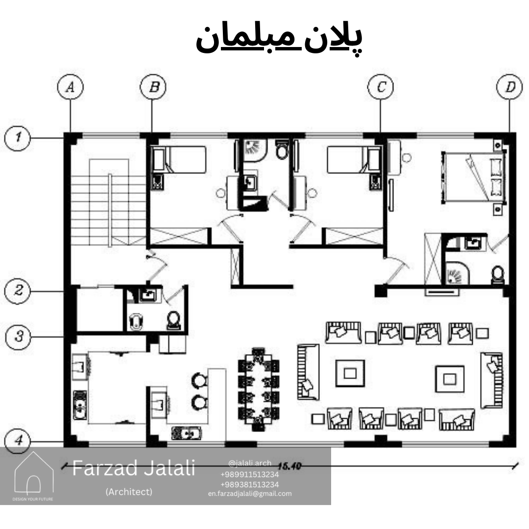 طراحی پلان آپارتمان ۵ طبقه تک واحدی