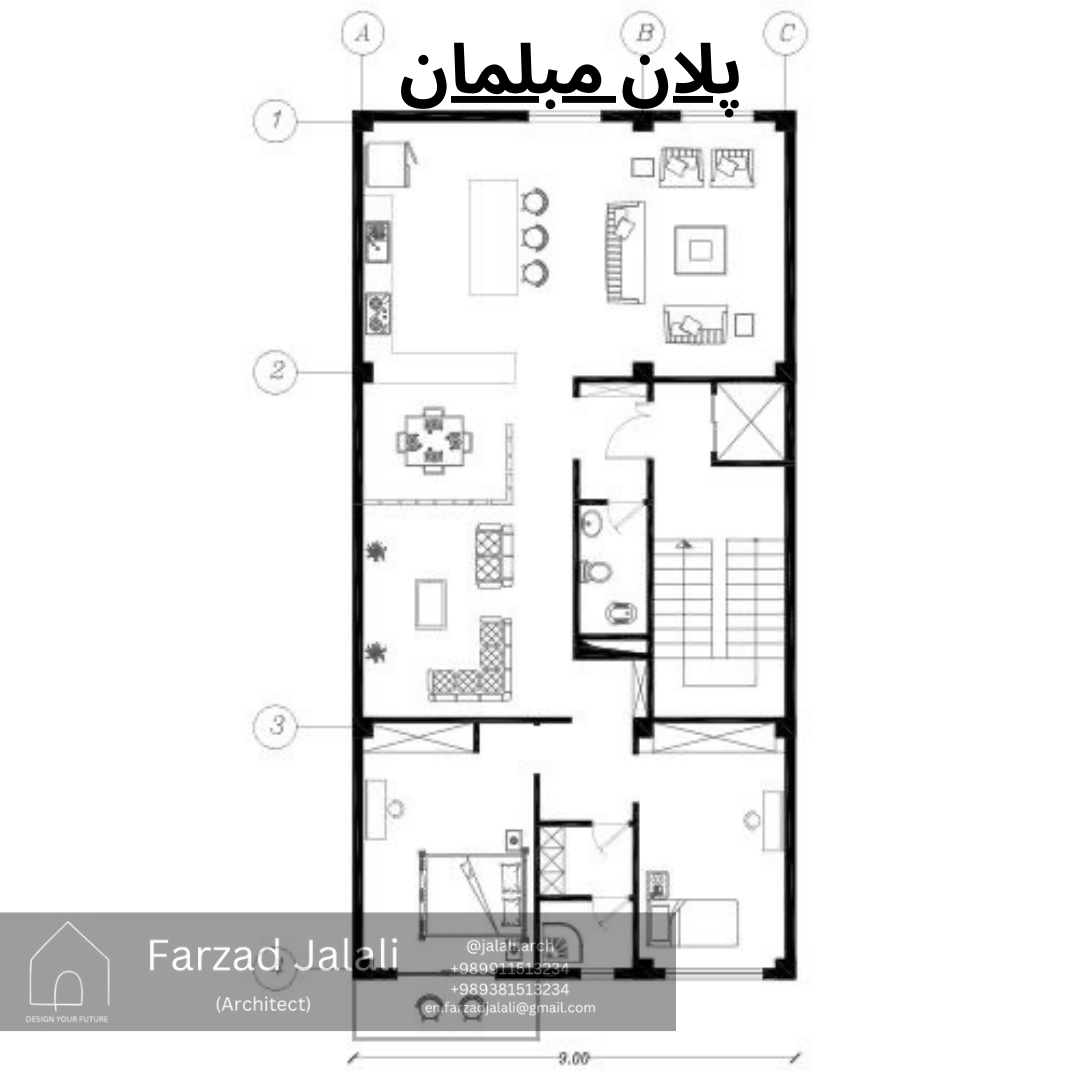طراحی پلان آپارتمان دو خواب در زمینی با عرض 8 متر