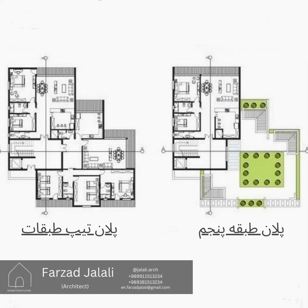 طراحی  پلان آپارتمان ۵ طبقه ۹ واحد