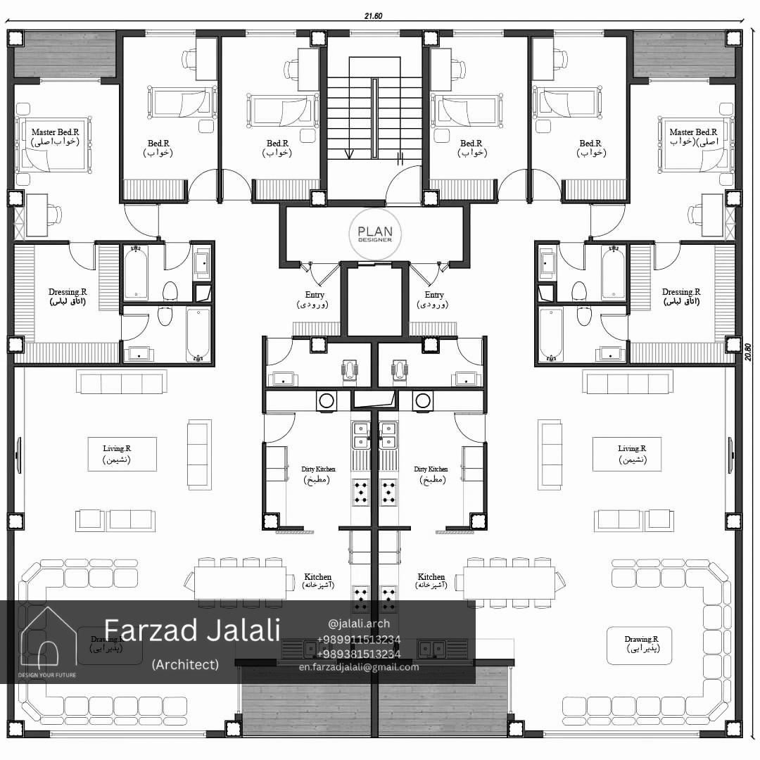 طراحی پلان آپارتمان دو واحدی ۲۲۵ متری