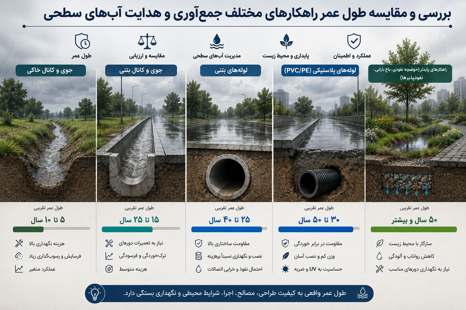 بررسی و مقایسه طول عمر راهکارهای مختلف جمع‌آوری و هدایت آب‌های سطحی