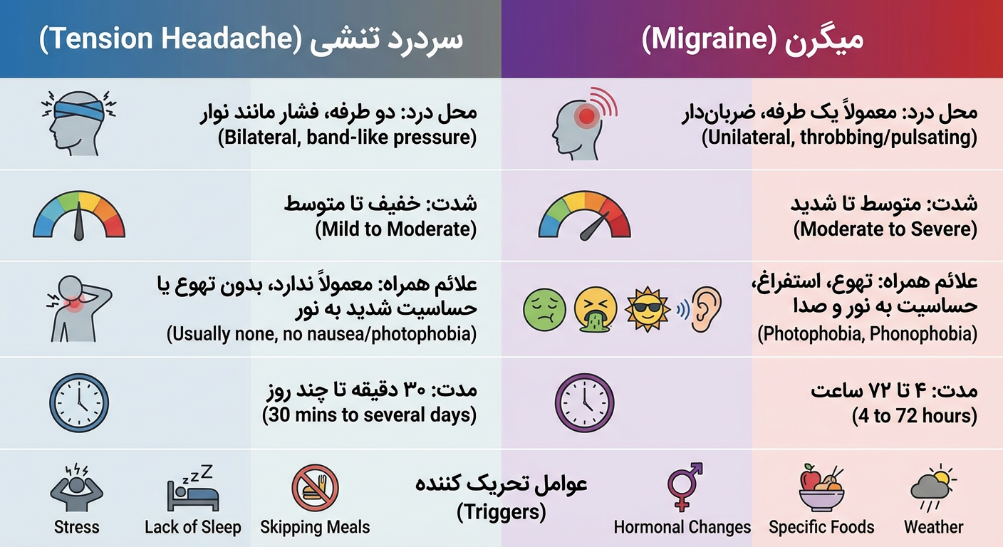 سردرد تنشی یا میگرن؟ تفاوت‌هایی که باید بدانید + زمان مراجعه به متخصص مغز و اعصاب